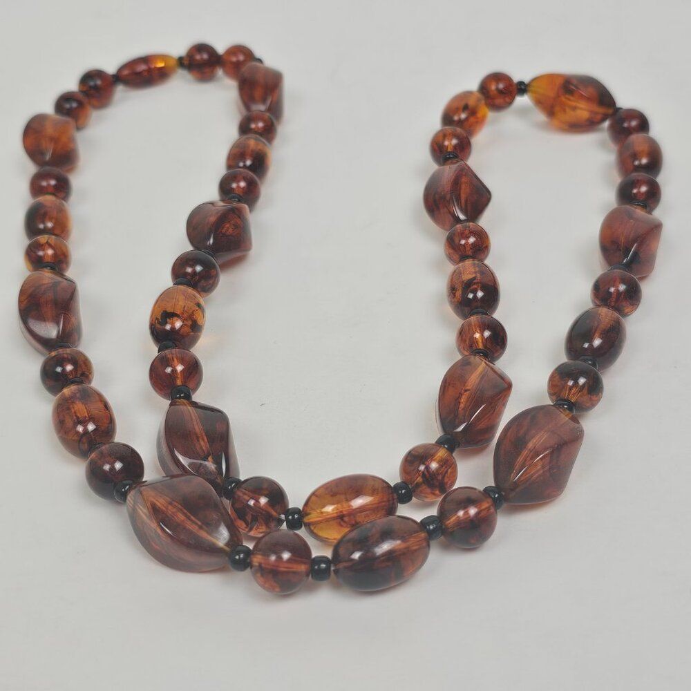 Vintage Long 30.5" Faux Cognac Amber Necklace Chunky Bead Marbled Plastic Brown - Picture 3 of 11